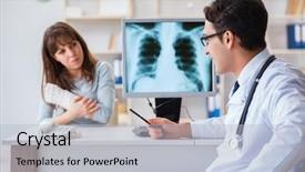  Presentation with radiologist - Cool new presentation theme with monitors tomography - young woman visiting radiologist backdrop and a light gray colored foreground