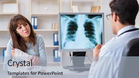  Presentation with radiologist - PPT theme enhanced with monitors tomography - young woman visiting radiologist background and a light blue colored foreground