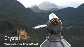  Presentation with points - Slide deck with monocular-targeting-touristic-points-landscape background and a dark gray colored foreground