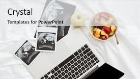  Presentation with ultrasound - Slide set featuring monography - laptop fruit salad and ultrasound background and a white colored foreground