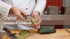  Presentation with restaurant kitchen - Audience pleasing presentation consisting of monotone - chef is peeling cucumbers backdrop and a  colored foreground