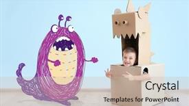  Presentation with cardboard - Theme with monster energy - little boy playing with cardboard background and a soft green colored foreground