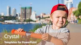  Presentation with electric scooter graph - Slide deck with monta rusa - happy little preschooler boy riding background and a coral colored foreground