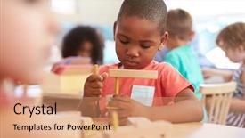  Presentation with montessori - Colorful PPT layouts enhanced with montessori pupil working at desk backdrop and a coral colored foreground