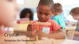  Presentation with montessori - Slides enhanced with montessori pupil working at desk background and a coral colored foreground