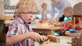  Presentation with montessori - PPT theme consisting of montessori pupil working at desk background and a coral colored foreground