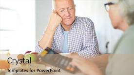  Presentation with helping man - Amazing slide set having monthly budget - aged man sitting by table backdrop and a coral colored foreground