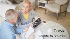  Presentation with weight loss woman showing - Slides with monthly budget - astonished mature woman with calculator background and a light gray colored foreground