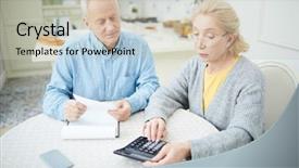  Presentation with last - Slide deck enhanced with monthly budget - mature wife with calculator background and a light gray colored foreground