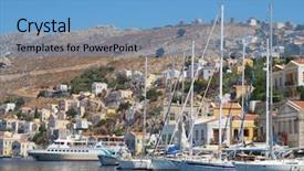  Presentation with motor - Theme having moorage-of-symi-town background and a teal colored foreground