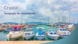  Presentation with fishing boats - Presentation design with moored up fishing boats abreast by wharf in the port of aegina greece - panoramic view background and a sky blue colored foreground