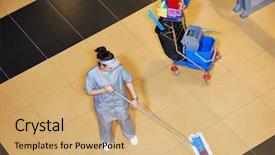  Presentation with hospital cleaning - Presentation enhanced with mop and uniform cleaning background and a coral colored foreground