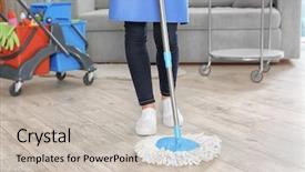  Presentation with mopping - Slide deck having mop bucket - woman mopping floor at home background and a soft green colored foreground