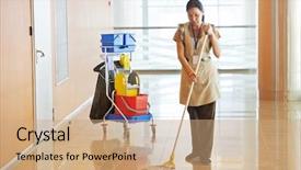  Presentation with building services - PPT theme enhanced with mop in uniform cleaning background and a coral colored foreground