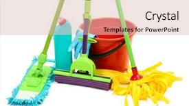  Presentation with rubber gloves - Presentation theme consisting of mops plastic bucket and rubber gloves isolated on white background and a lemonade colored foreground