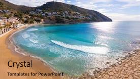  Presentation with mediterranean - Audience pleasing presentation design consisting of moraira playa el portet beach high angle view in mediterranean alicante of spain backdrop and a coral colored foreground