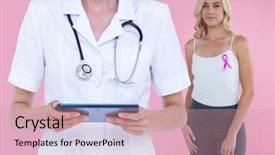  Presentation with tablets wood table tablet white - Slides enhanced with moral paints - midsection of female doctor using background and a  colored foreground