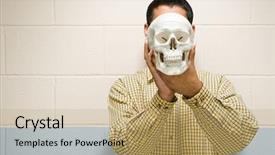  Presentation with hologram mesh human male - Amazing PPT theme having moral science - male student holding a human backdrop and a coral colored foreground