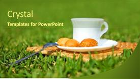  Presentation with green morning - Presentation theme with morning beverage with french croutons on fresh green grass background and a tawny brown colored foreground
