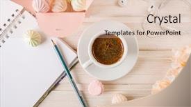  Presentation with headphones - Presentation design having morning coffee with a notebook background and a lemonade colored foreground