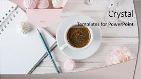  Presentation with notebook - Slide deck featuring morning coffee with a notebook background and a light gray colored foreground