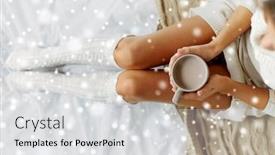  Presentation with cacao - Slide deck having morning coziness winter and people concept - close up of young woman with cup of coffee or cacao in bed over snow background and a light gray colored foreground