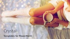  Presentation with cacao - Cool new PPT theme with morning coziness winter and people concept - close up of young woman with cup of coffee or cacao in bed at home backdrop and a light gray colored foreground