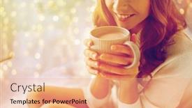  Presentation with cacao - Audience pleasing PPT layouts consisting of morning coziness winter and people concept - close up of happy young woman with cup of coffee or cacao in bed at home backdrop and a coral colored foreground