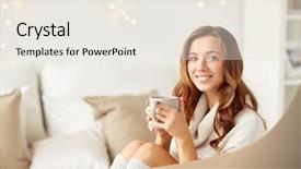  Presentation with tea coffee - Presentation enhanced with morning leisure christmas winter and people concept - happy young woman with cup of coffee or tea in bed at home bedroom background and a sky blue colored foreground