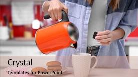  Presentation with tea - Beautiful presentation featuring morning lunch - woman making tea in kitchen backdrop and a coral colored foreground