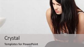  Presentation with sickness - Presentation theme featuring morning sickness - beautiful woman having a stomachache background and a light gray colored foreground