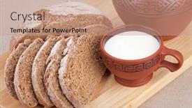  Presentation with bread life - Theme consisting of morning still-life with a jug a cup of milk and bread background and a coral colored foreground