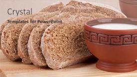  Presentation with bread life - Presentation consisting of morning still-life with a jug a cup of milk and bread background and a coral colored foreground
