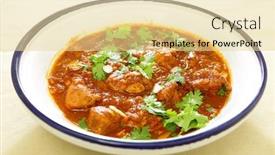  Presentation with moroccan - Slides with moroccan chicken tagine cooked with tomatoes nuts dates and spices garnished with coriander leaves and almond slices background and a blonde colored foreground