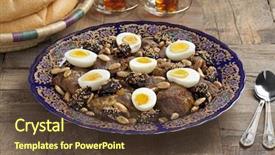  Presentation with almonds - Theme enhanced with moroccan festivity dish with meat plums almonds and eggs background and a tawny brown colored foreground