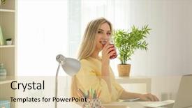  Presentation with beautiful fresh leaves water drops - Cool new slide set with morse - beautiful young woman drinking fresh backdrop and a  colored foreground