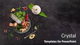  Presentation with asian food - Amazing PPT theme having mortal-with-ingredients-asian-food backdrop and a dark gray colored foreground