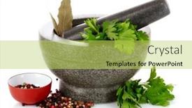  Presentation with mortar - Colorful PPT theme enhanced with mortar and pestle parsley bay leaf and pepper isolated on white backdrop and a yellow colored foreground