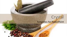  Presentation with mortar - PPT theme featuring mortar and pestle parsley bay leaf and pepper isolated on white background and a coral colored foreground