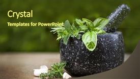  Presentation with green foliage - Amazing presentation design having mortar and pestle with fresh backdrop and a tawny brown colored foreground