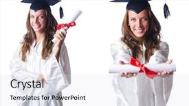  Presentation with student - PPT theme consisting of mortar board - young student isolated on white background and a sky blue colored foreground