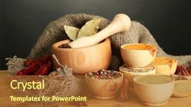  Presentation with mortar - Amazing PPT layouts having mortar bowls and spoons with spices on table on grey background backdrop and a red colored foreground