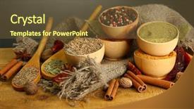  Presentation with mortar - Presentation theme with mortar bowls and spoons with spices on table on grey background background and a tawny brown colored foreground