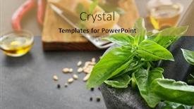  Presentation with mortar - PPT theme consisting of mortar with basil leaves for pesto sauce on gray table background and a yellow colored foreground