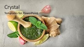  Presentation with mortar and pestle - Theme consisting of mortar with pestle and chutney background and a mint green colored foreground