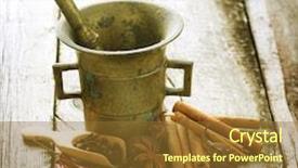  Presentation with vintage food - Theme consisting of mortar with pestle vintage style background and a tawny brown colored foreground