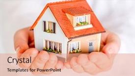  Presentation with white house - Cool new theme with mortgage - house in human hands backdrop and a coral colored foreground