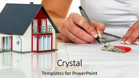  Presentation with real estate purchase - Amazing slide deck having mortgage - woman signs a purchase agreement backdrop and a light gray colored foreground