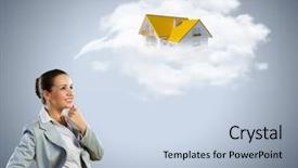  Presentation with young woman wearing boxer gloves - Presentation consisting of mortgage - young pretty woman looking thoughtful background and a light blue colored foreground