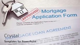  Presentation with house key - Cool new PPT layouts with mortgage-application-form-and-loan backdrop and a light gray colored foreground